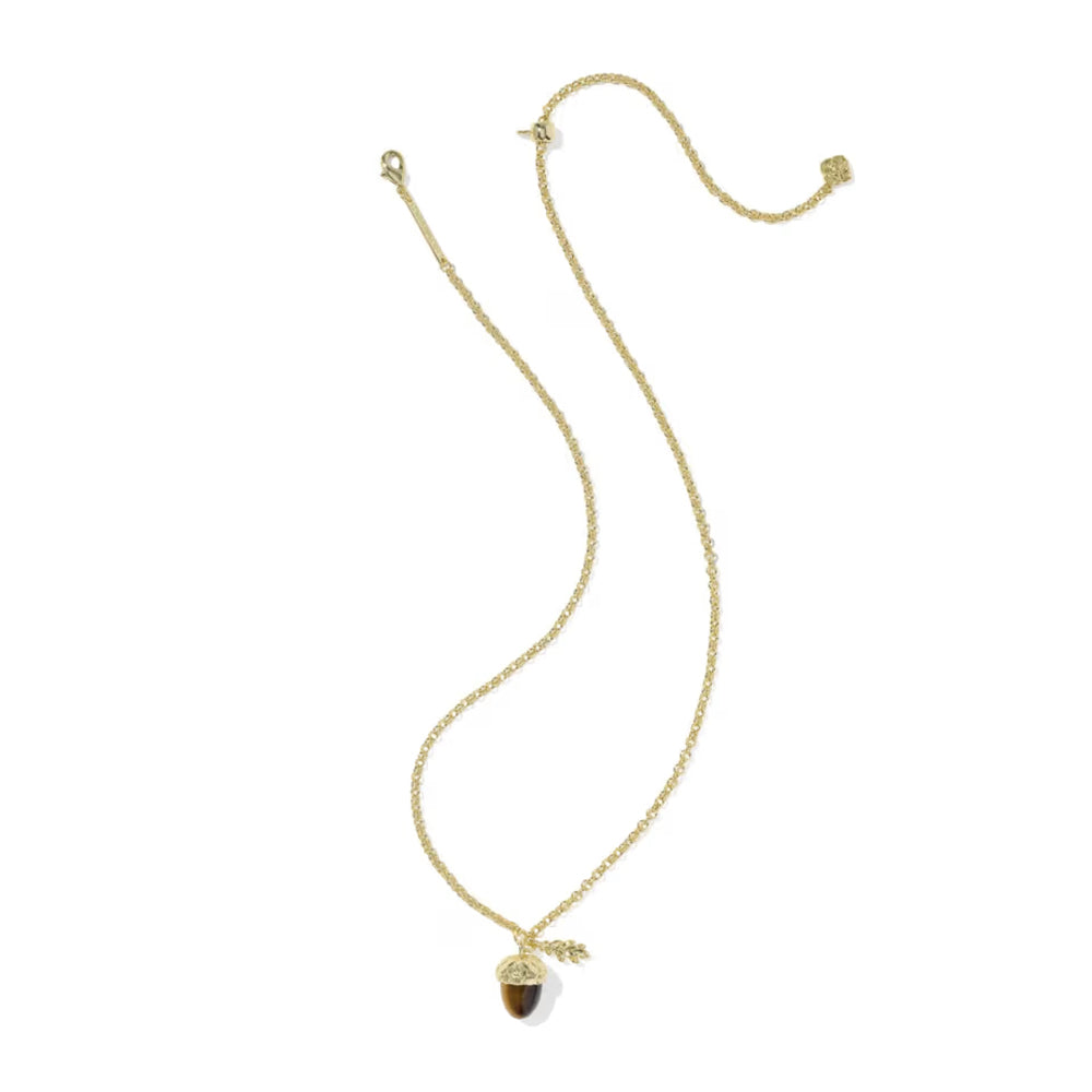 A gold acorn pendant necklace with a glossy dark brown to black stone center, shown on a clean white background.