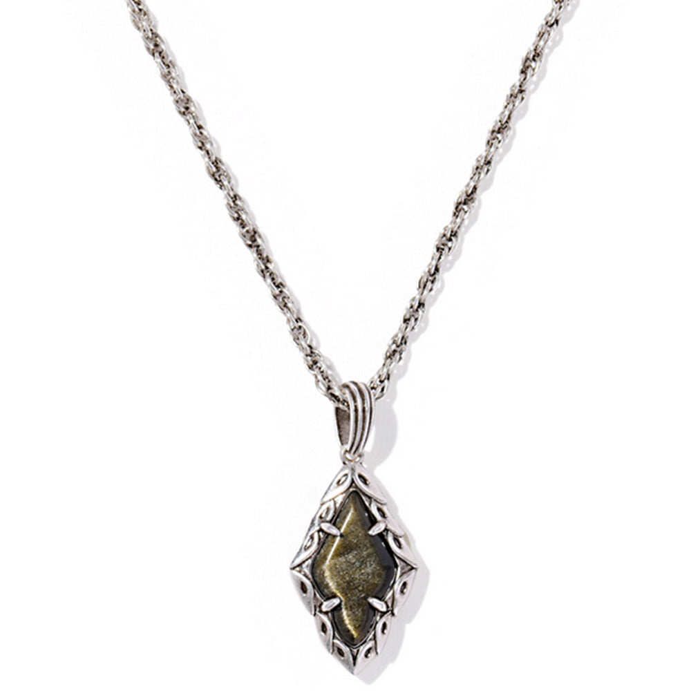 Silver necklace with a diamond-shaped pendant on a white background