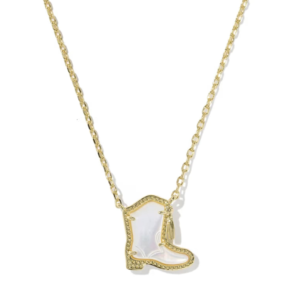 A gold chain necklace featuring a cowboy boot pendant with a milky white mother-of-pearl inlay and a textured gold border, set against a plain white background.