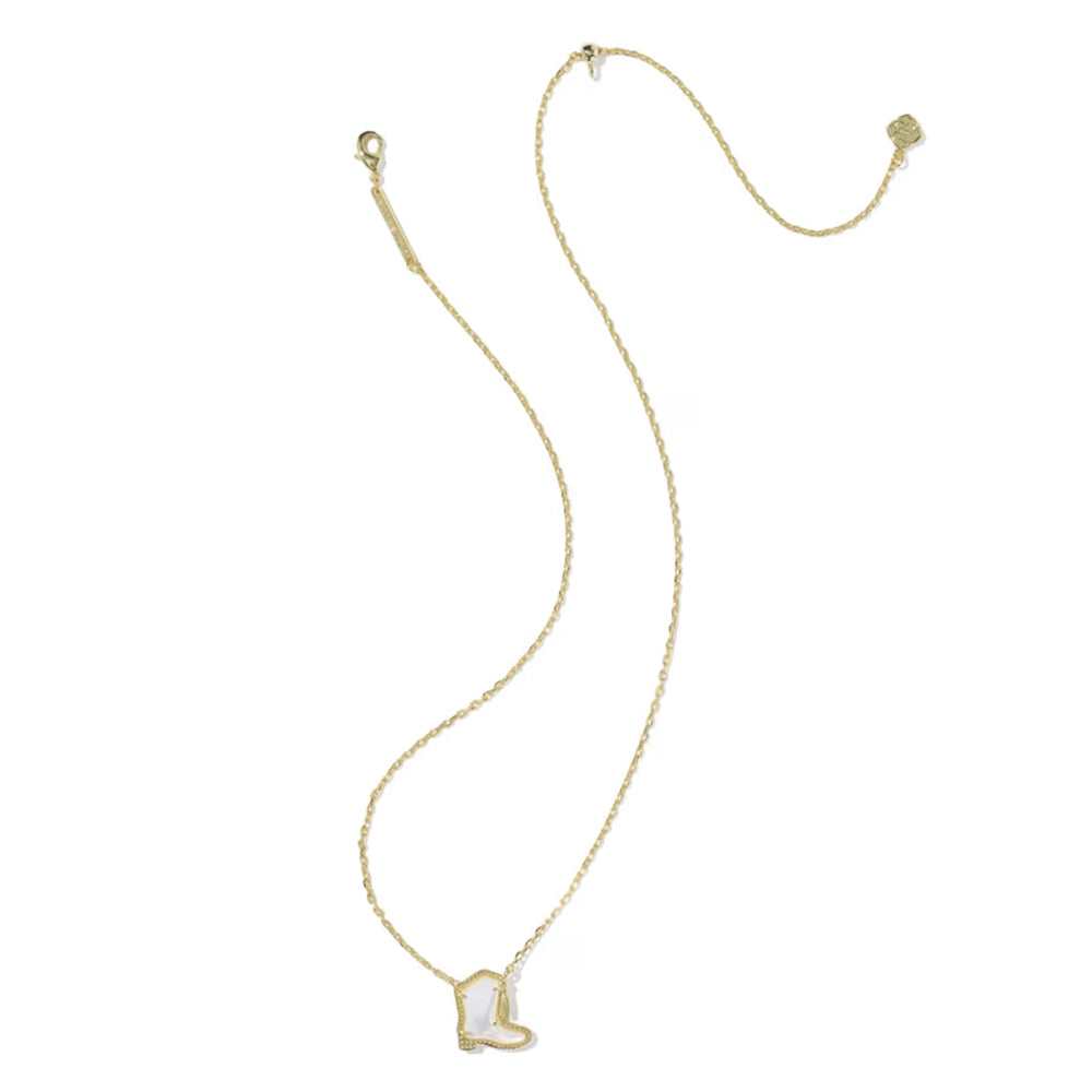 A delicate gold chain necklace featuring a small cowboy boot pendant with a white inlay, displayed on a clean white background.