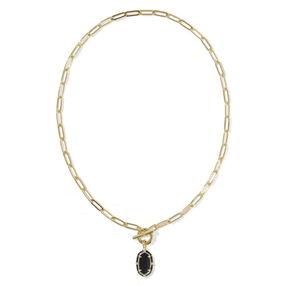 A gold paperclip chain necklace with a toggle clasp and a small oval black gemstone pendant, shown on a plain white background.