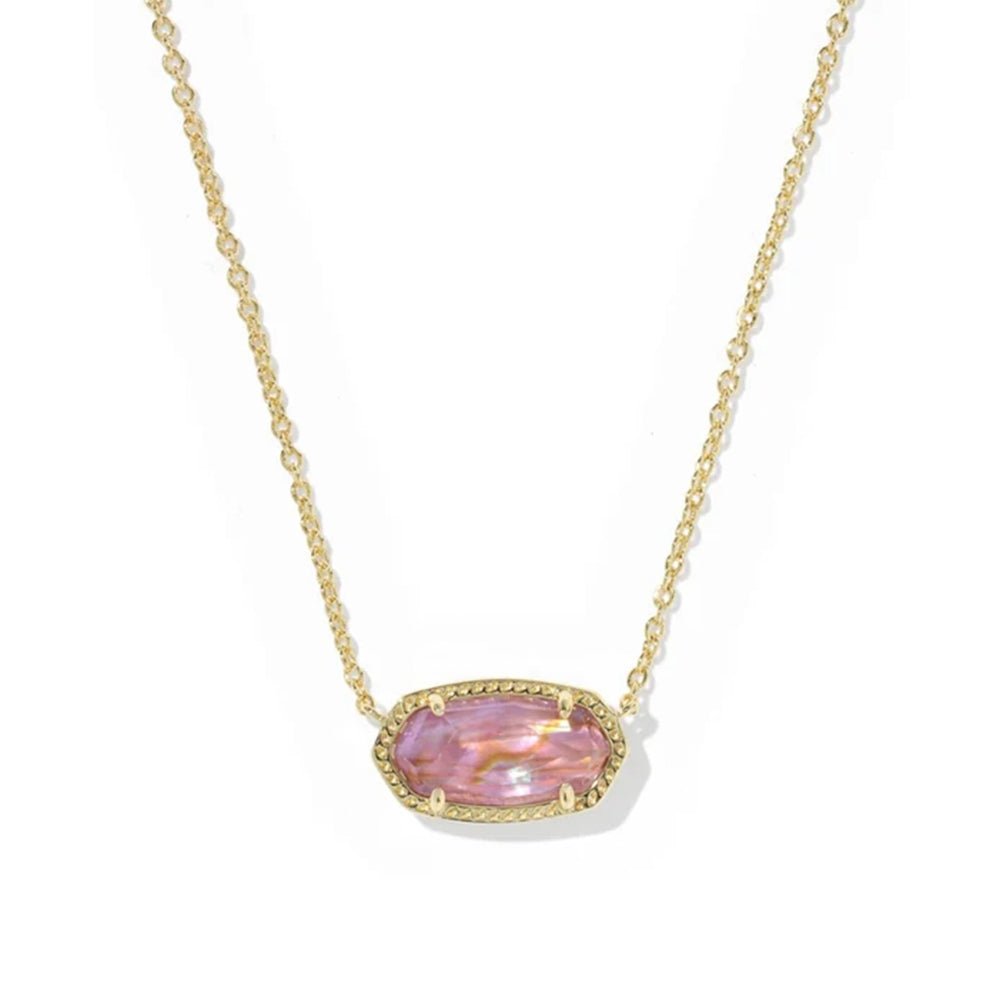 A gold chain necklace featuring an oval pink iridescent stone pendant with a textured gold border, set against a plain white background.