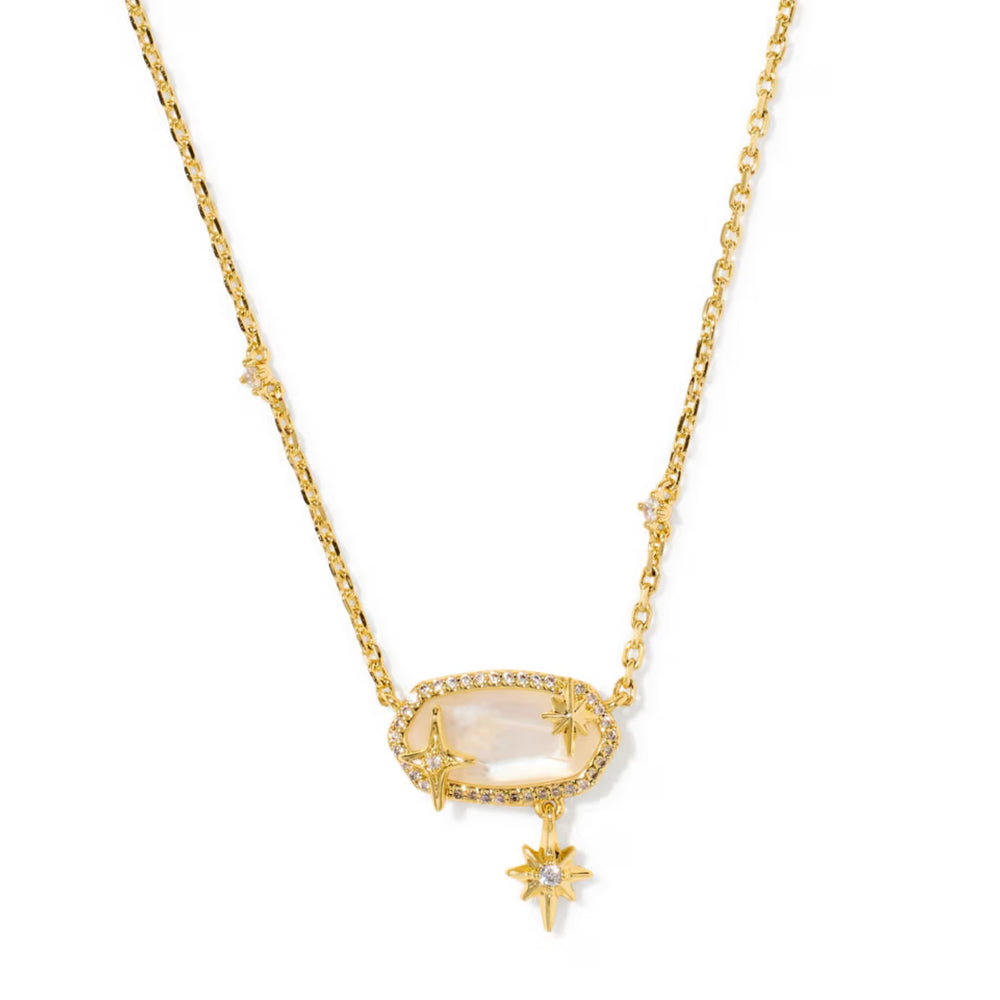 A gold chain necklace featuring a central oval pendant with a pale pink stone, surrounded by small sparkling stones and star-shaped accents, with a dangling gold star below, shown on a plain white background.