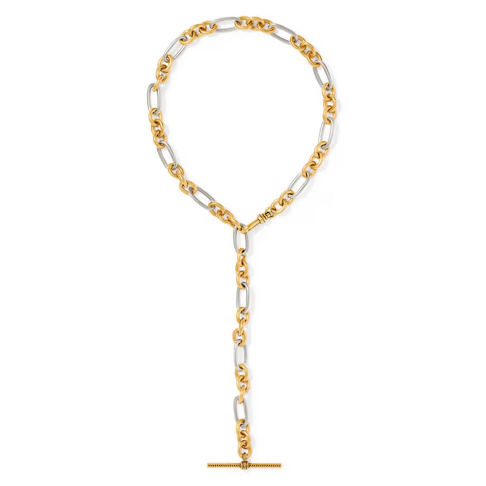 A two-tone gold and silver chain necklace with a long drop chain and a T-bar clasp, shown on a plain white background.