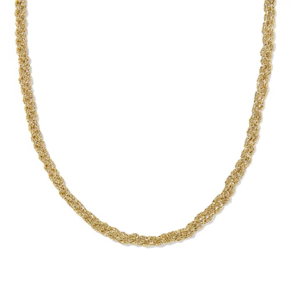 A close-up of a gold chain necklace with a textured, woven-like link pattern, shown against a plain white background.