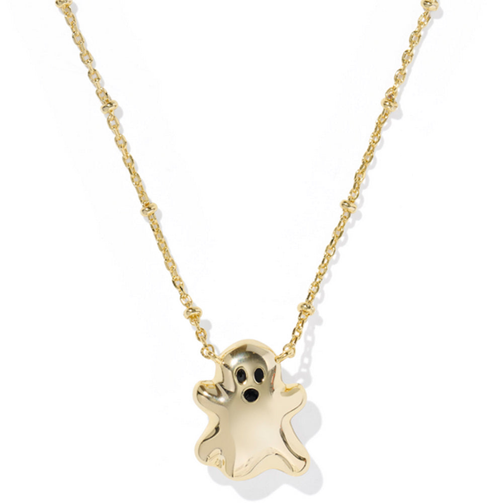 Gold ghost-shaped pendant necklace on a white background