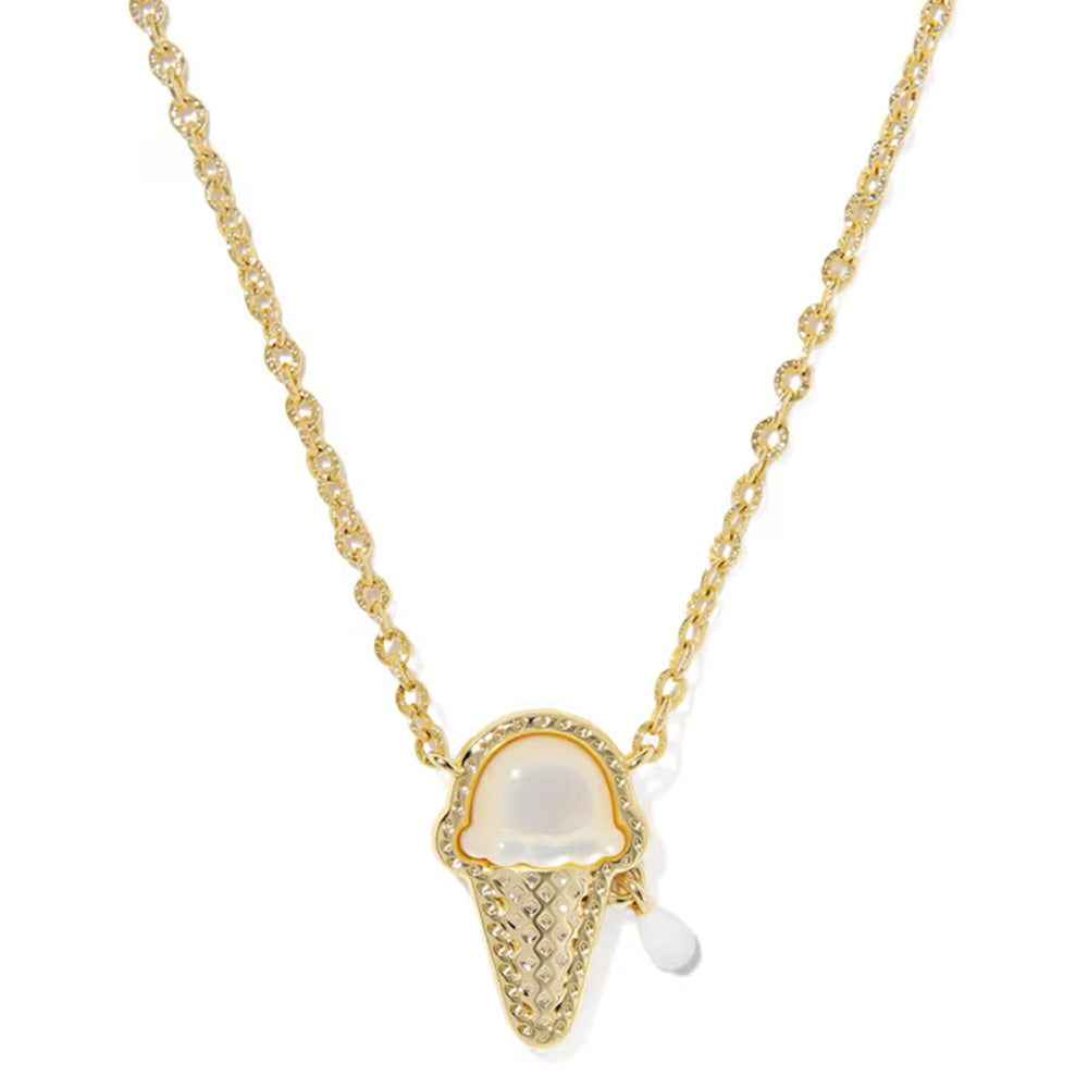A gold chain necklace featuring an ice cream cone pendant with a white mother-of-pearl scoop and a small dangling white bead, shown on a plain white background.