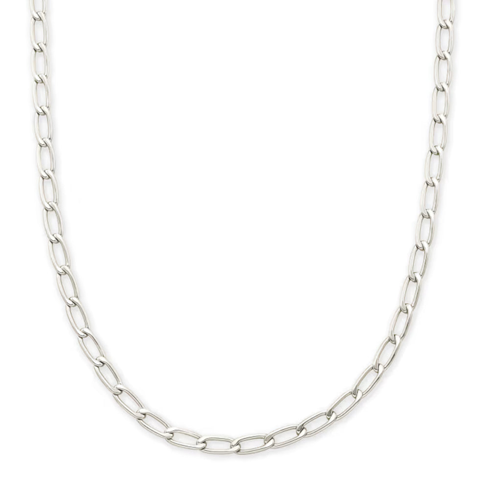 A silver Figaro chain necklace with polished oval links, displayed in a curved shape against a solid white background.