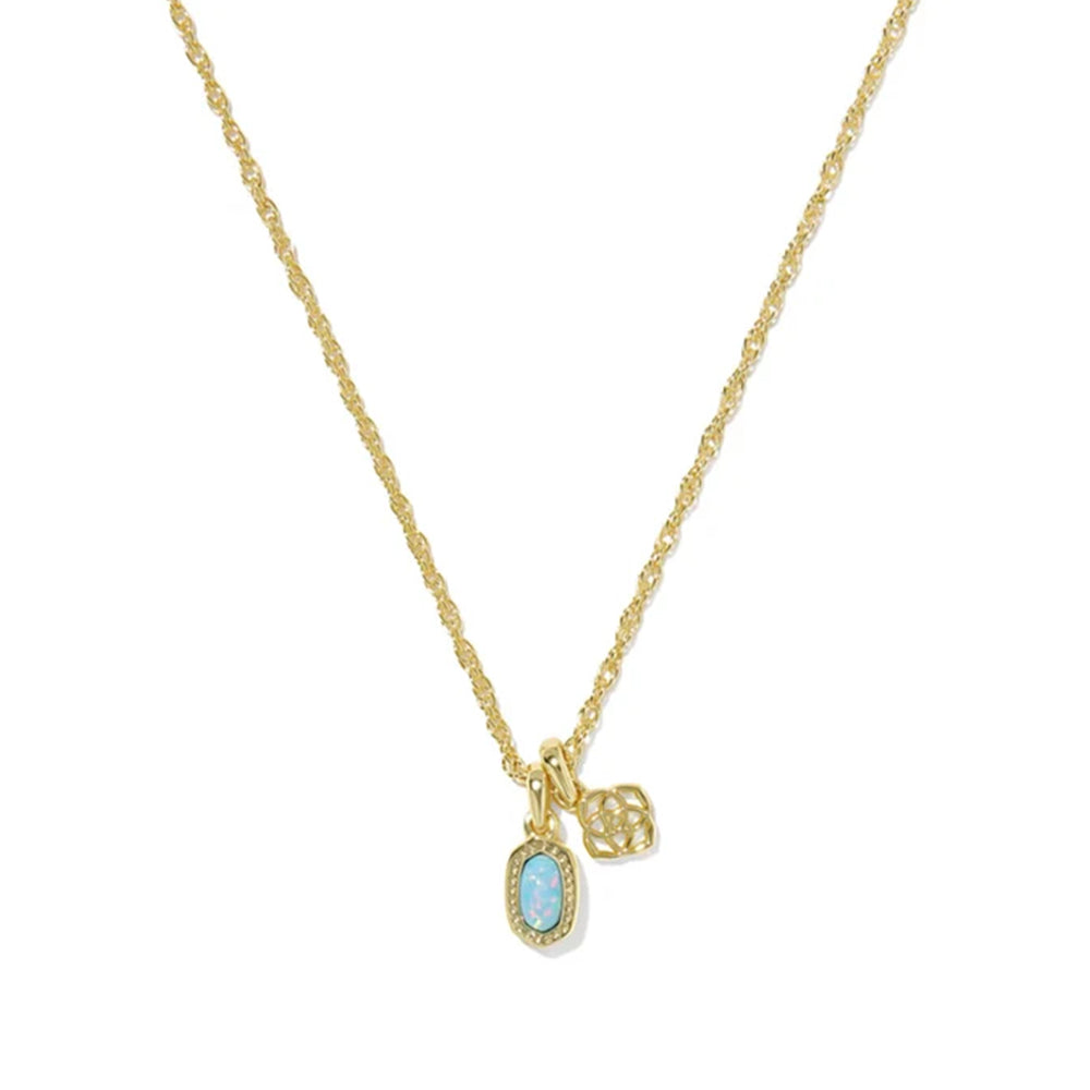 A gold chain necklace featuring a small oval light blue gemstone pendant and two small gold charms, displayed on a clean white background.