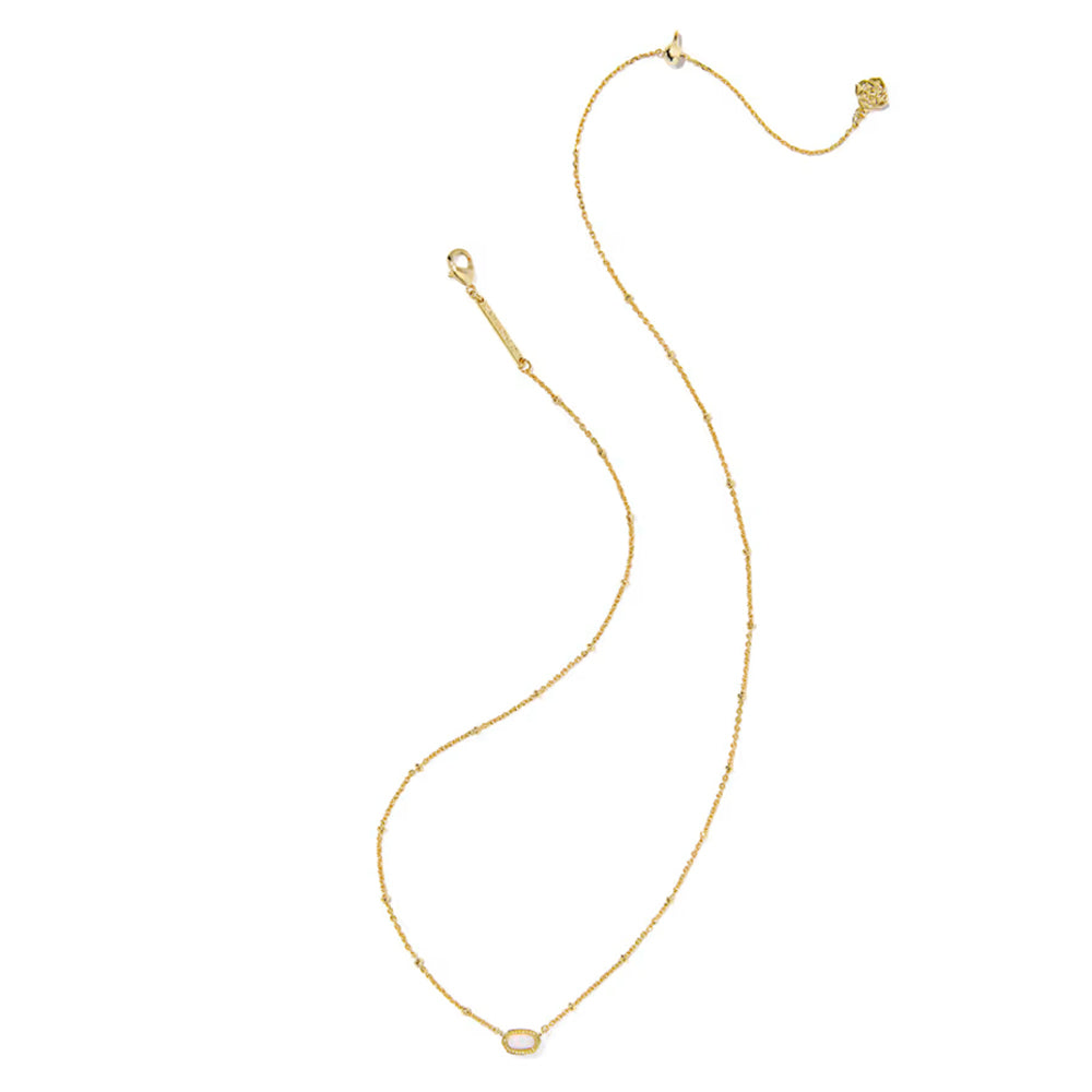A delicate gold chain necklace with a small oval pendant, displayed on a clean white background.