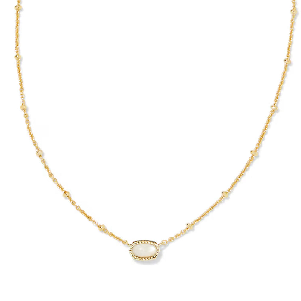 A delicate gold chain necklace featuring a central oval bezel-set white stone, displayed on a clean white background.
