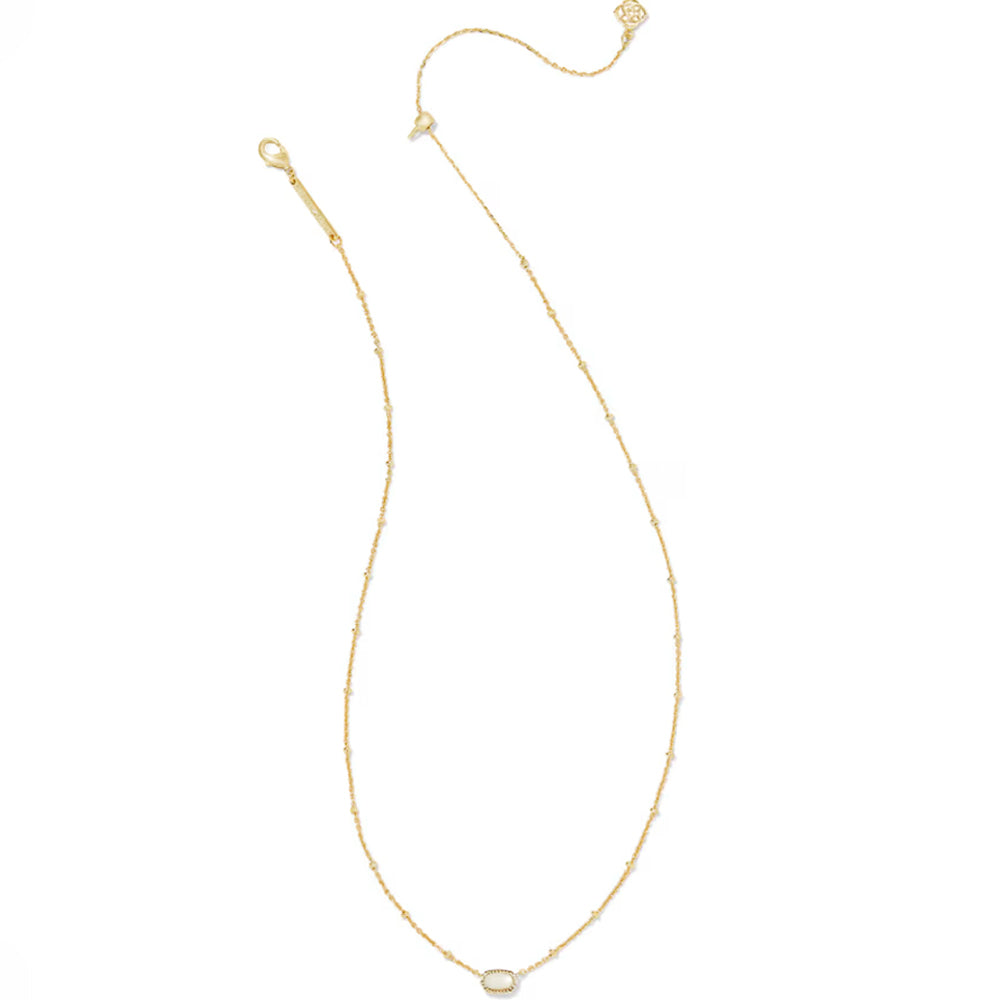 A delicate gold chain necklace featuring a small, oval-cut white gemstone pendant, displayed on a clean white background.