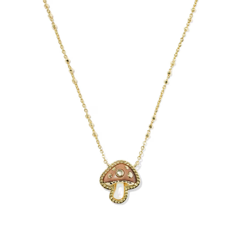A delicate gold chain necklace featuring a small mushroom-shaped pendant, displayed on a clean white background.