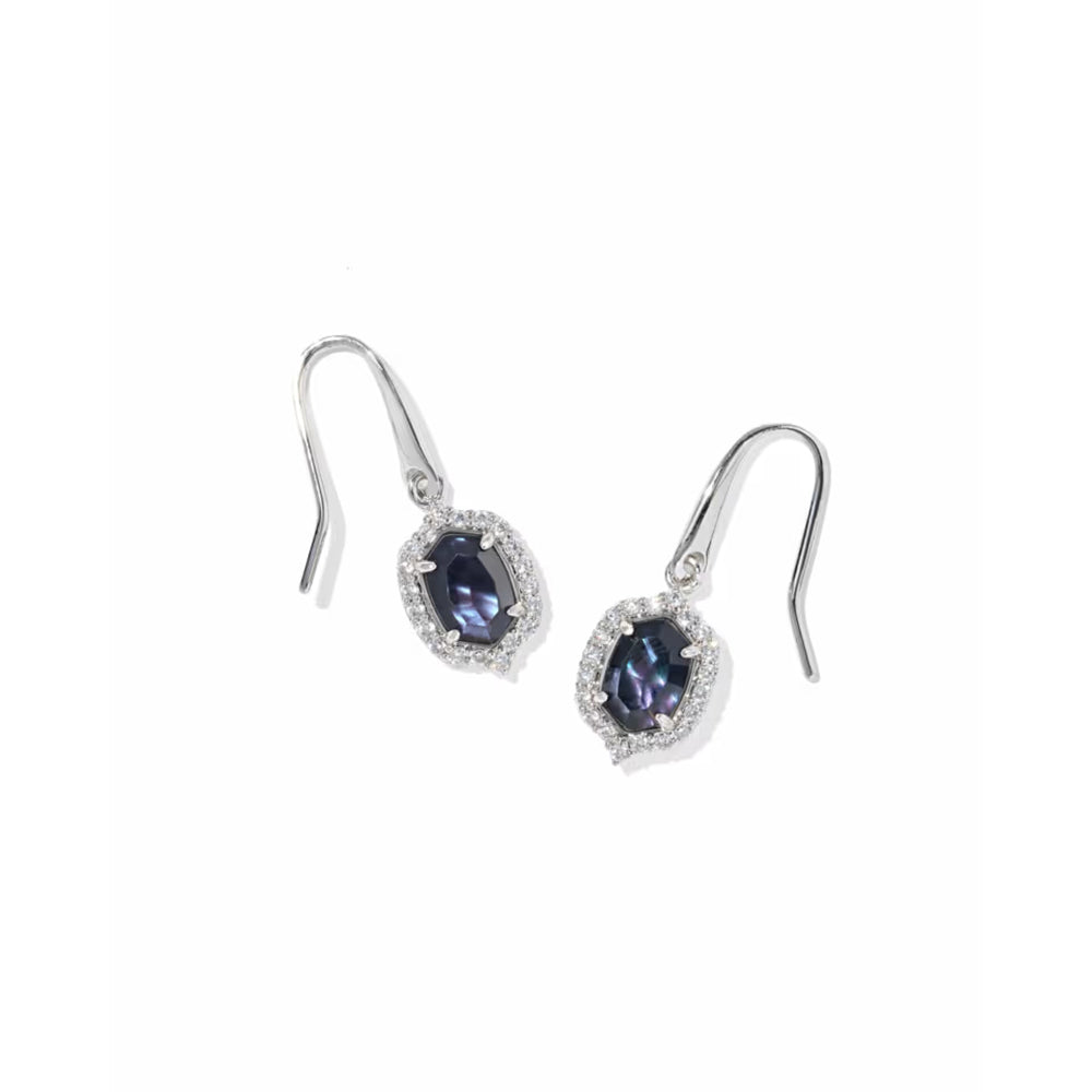 A pair of silver drop earrings featuring oval iridescent blue-purple gemstones surrounded by small clear stones, set on silver French hook ear wires against a plain white background.
