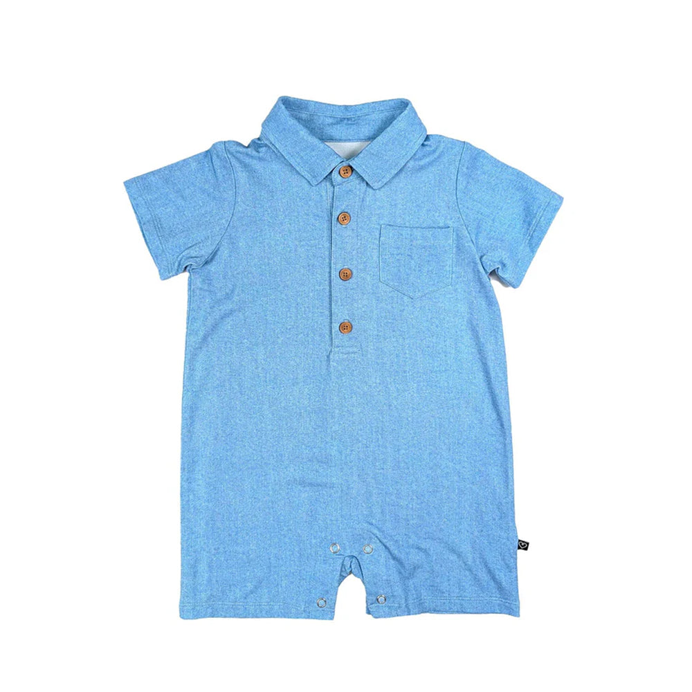 Blue baby romper with collar and buttons on a white background