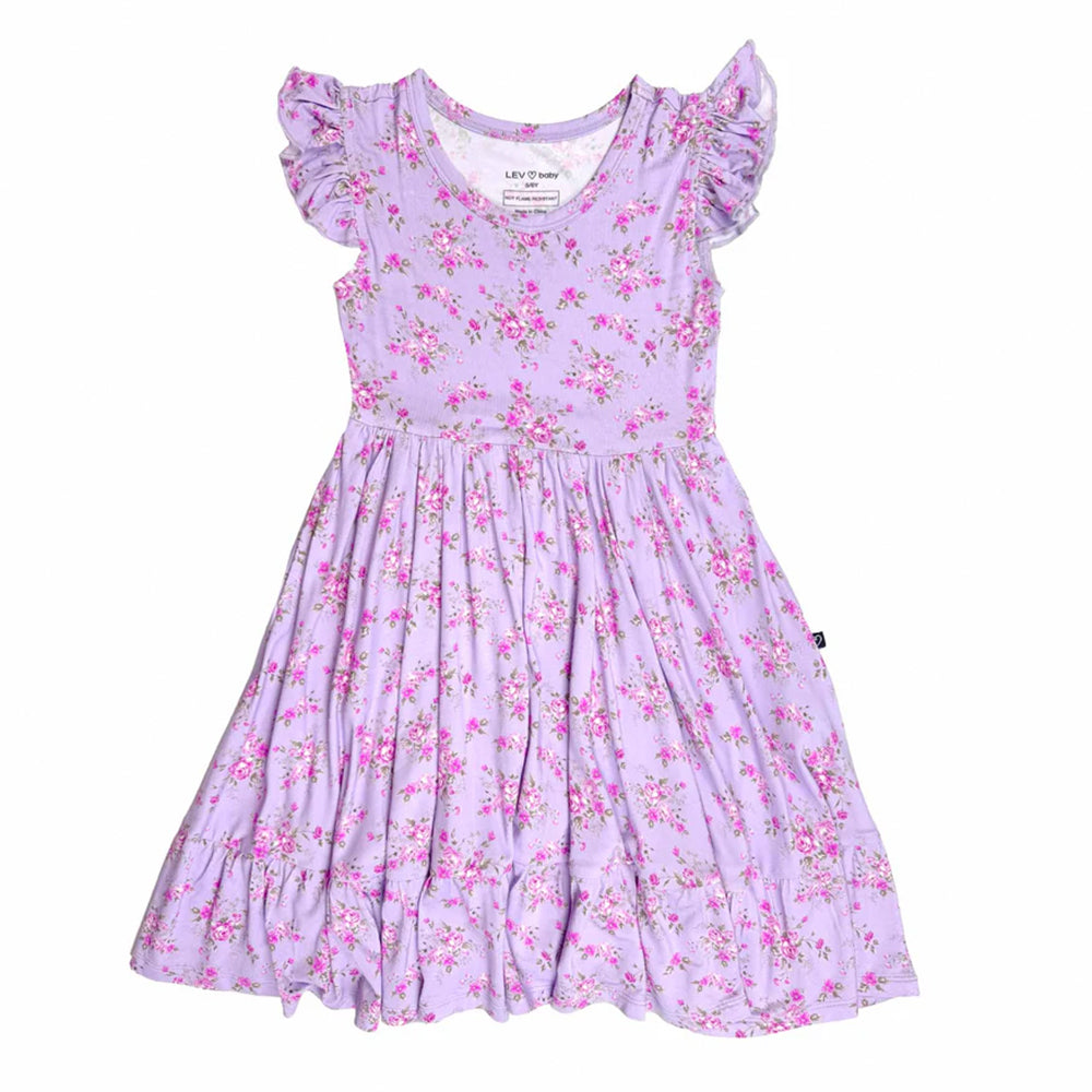 Lavender dress with pink floral pattern on a white background