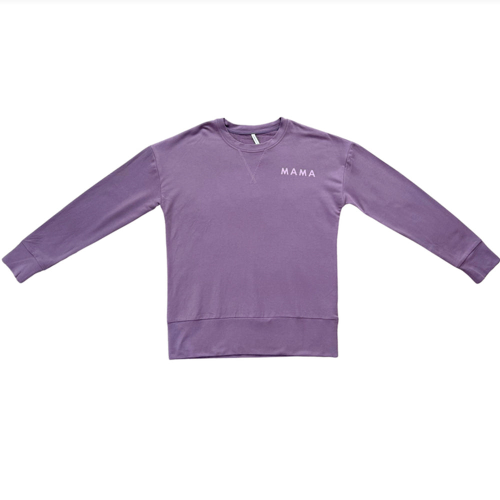 Purple sweatshirt with 'MAMA' text on a white background