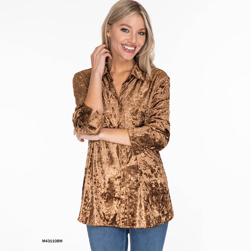 Mocha Cuffed Long Sleeve Button Front Solid Velvet Woven Top