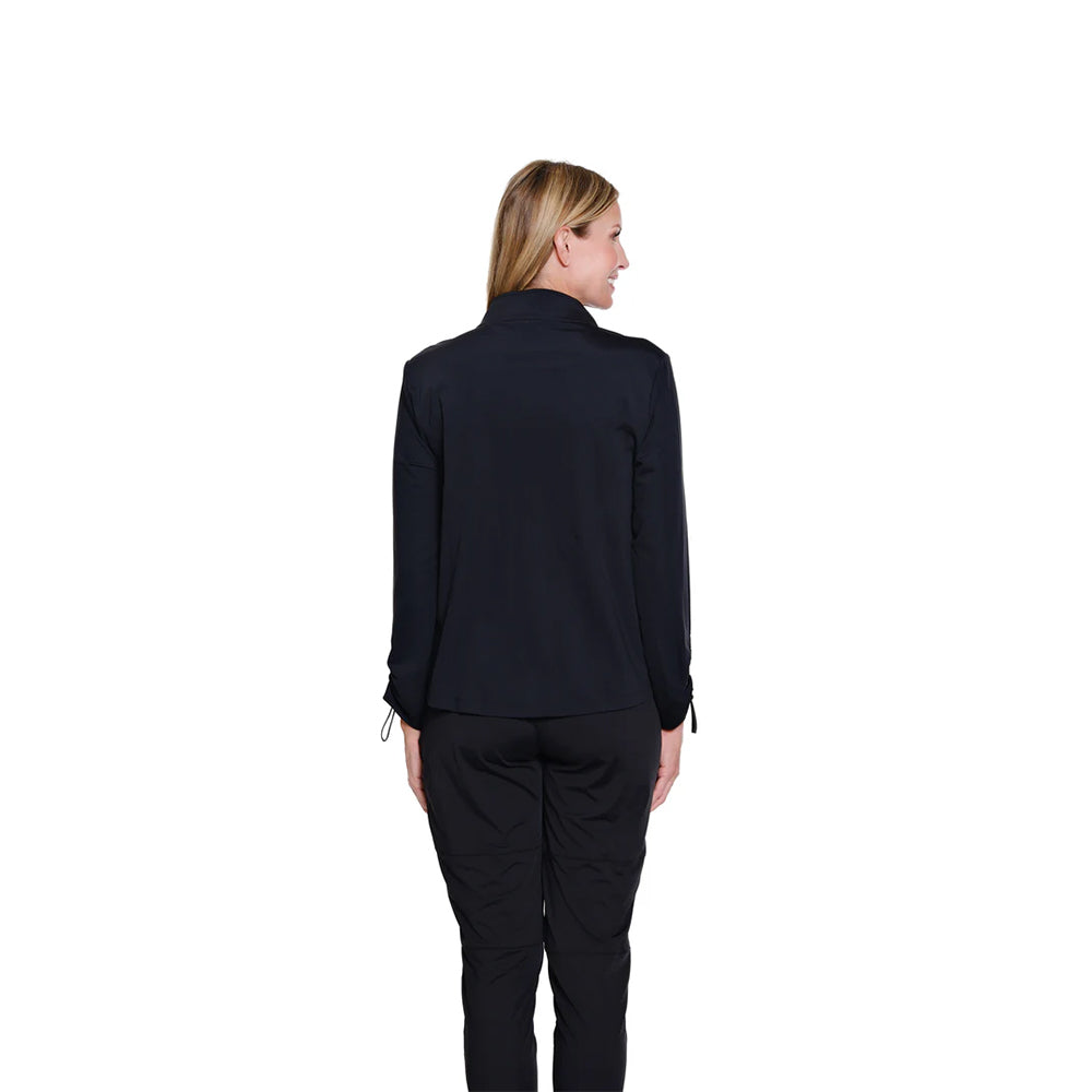 Person wearing a black outfit on a white background