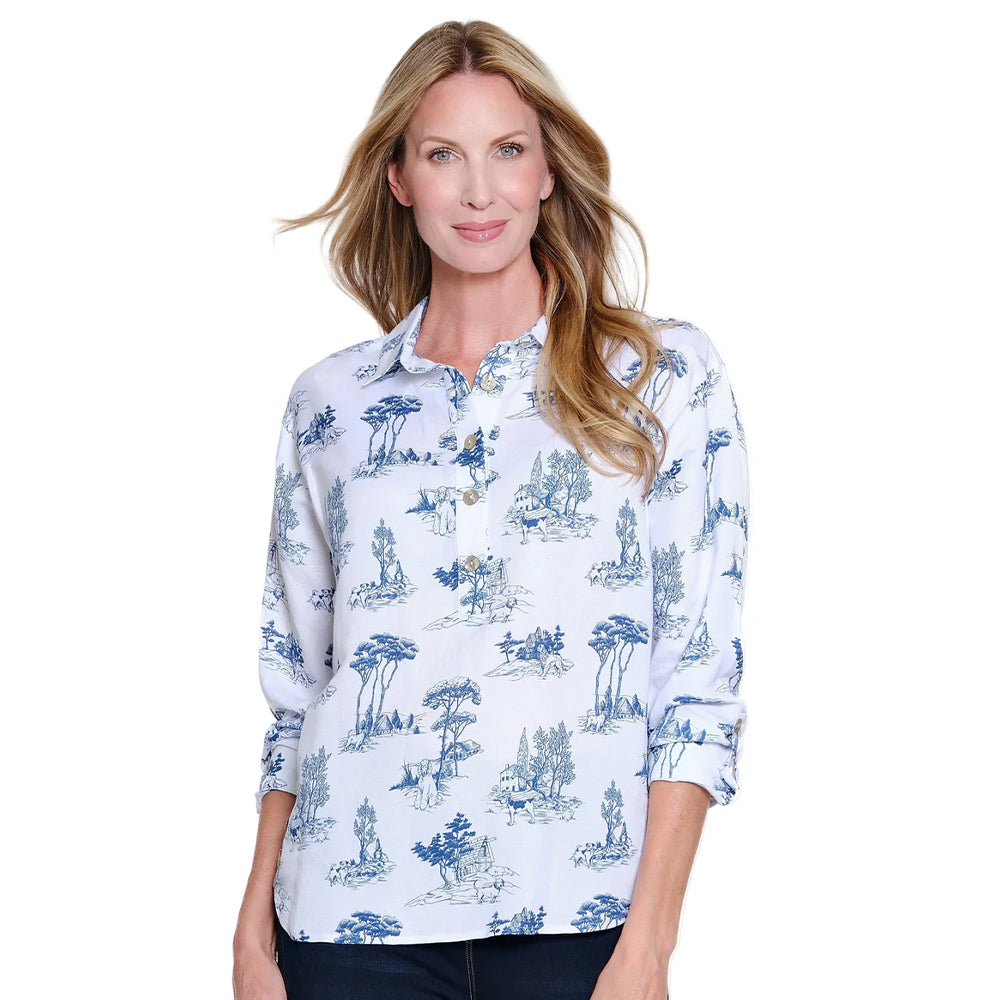 Multiples Chambray Print Roll Tab Cuff Long Sleeve Button Front Hi-Lo Shirt Plus