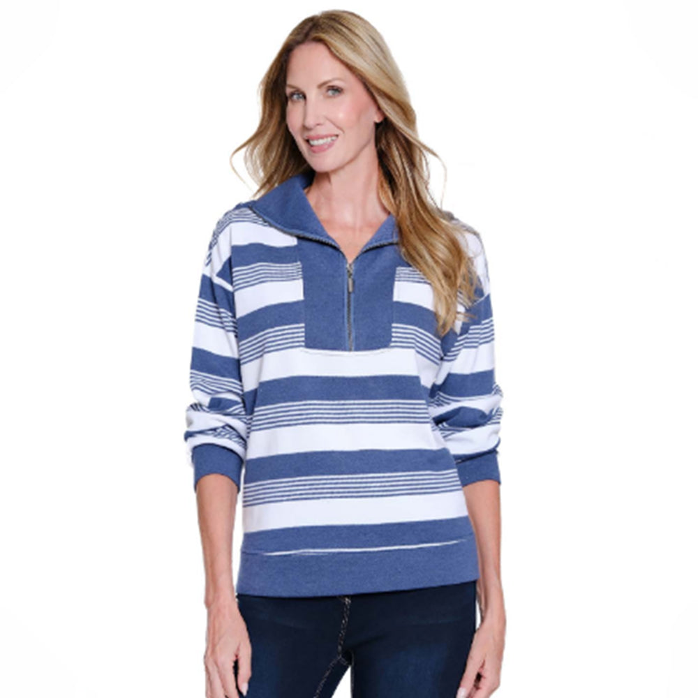 Woman wearing a blue and white striped sweater on a white background