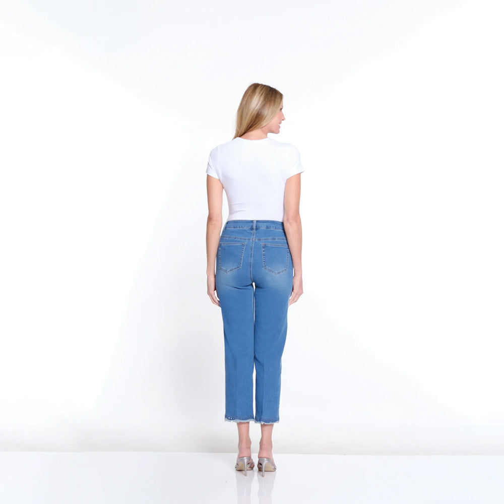 Multiples Medium Indigo Embroidery & Fringe Tulip Hem Crop Jean