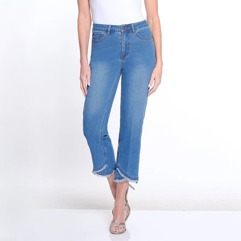 Multiples Medium Indigo Embroidery & Fringe Tulip Hem Crop Jean