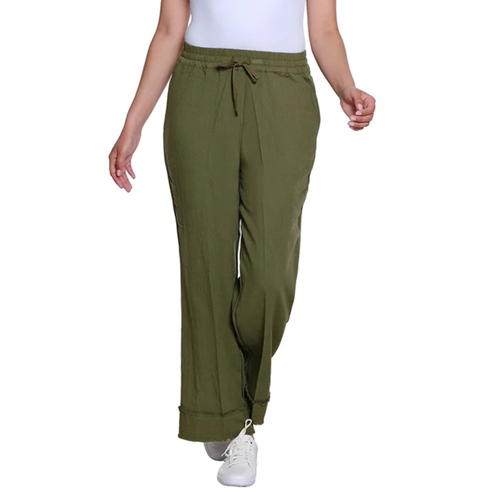A person wearing olive green wide-leg drawstring pants with white sneakers, shown from the waist down against a plain white background.