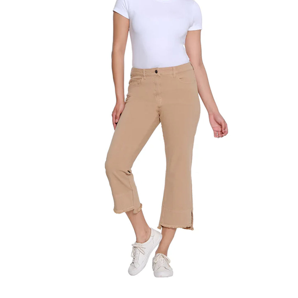 Person wearing beige pants and a white shirt on a white background