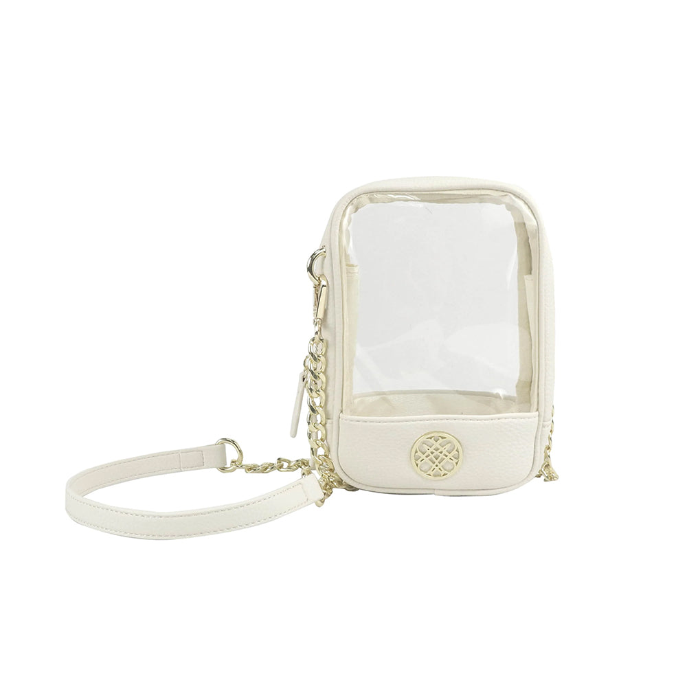 Clear pouch with a chain strap on a white background