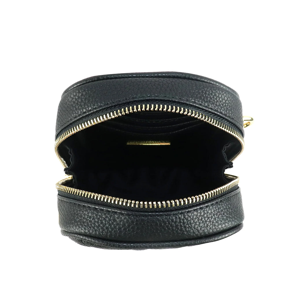 Black leather pouch with gold zipper on a white background