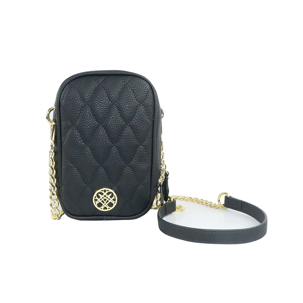 Black quilted crossbody bag with gold chain strap on a white background