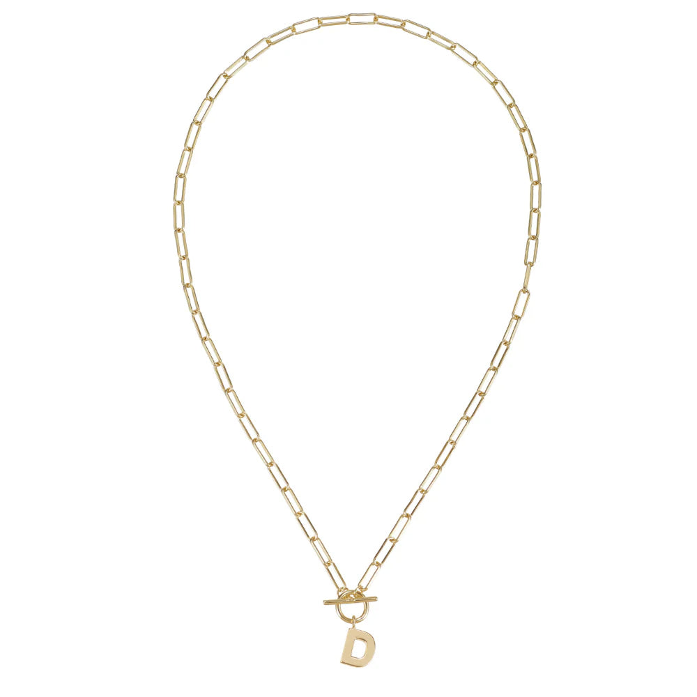 Gold chain necklace with a 'D' pendant on a white background