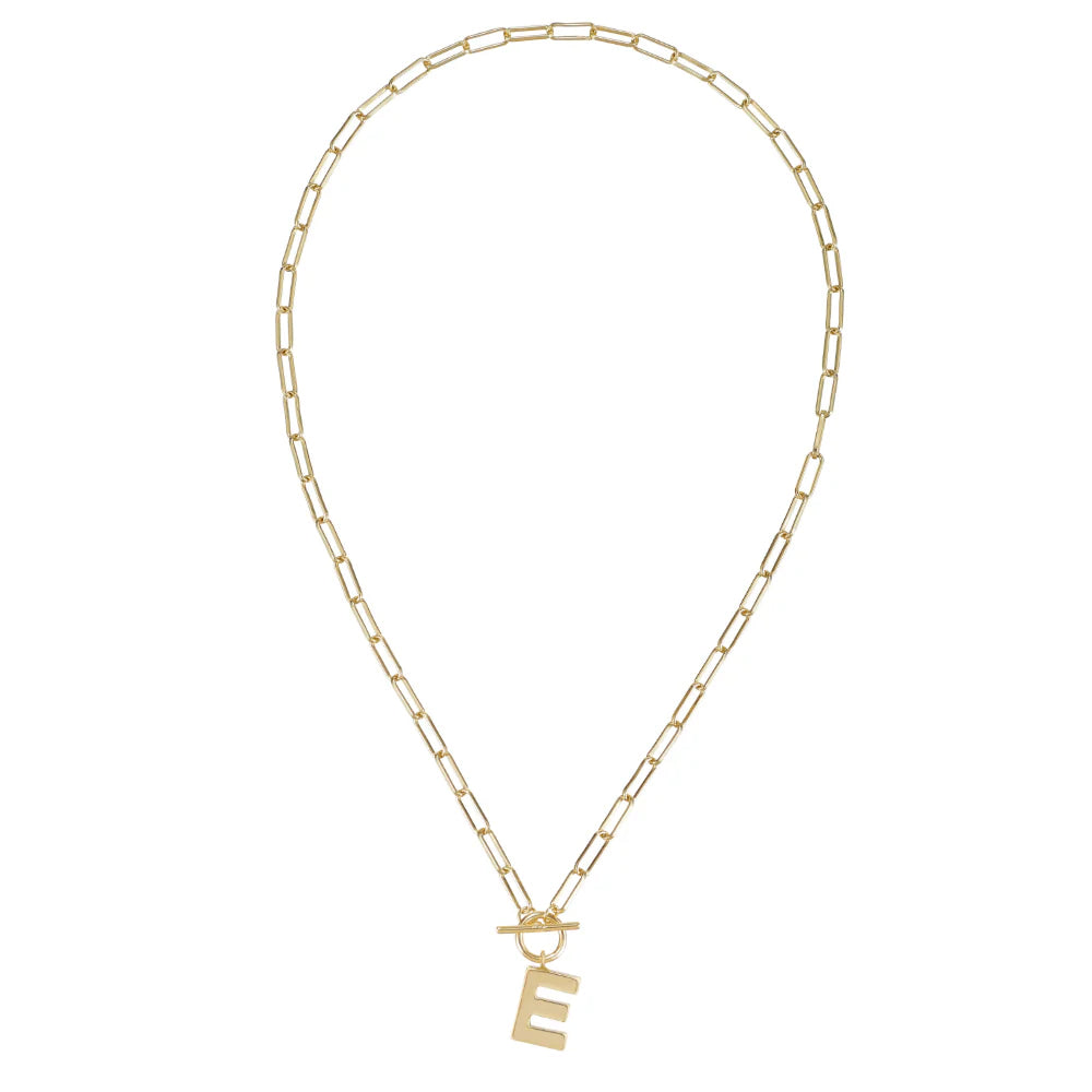 Gold chain necklace with a letter 'E' pendant on a white background