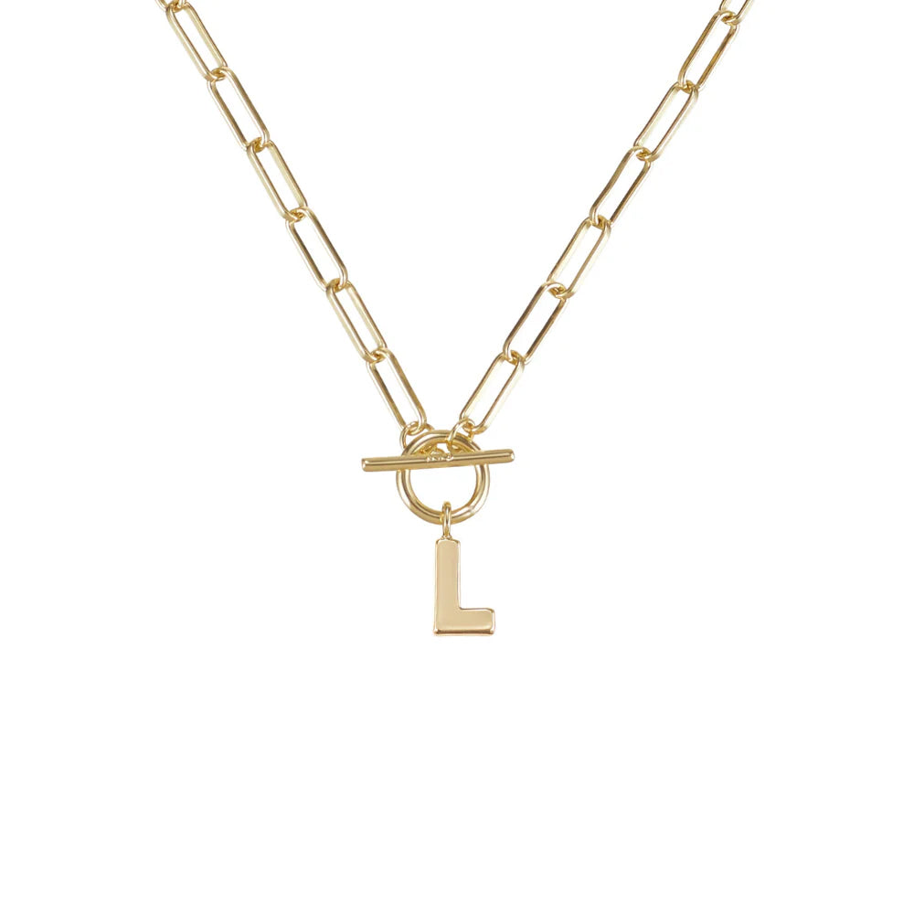Gold necklace with a toggle clasp and 'L' pendant on a white background