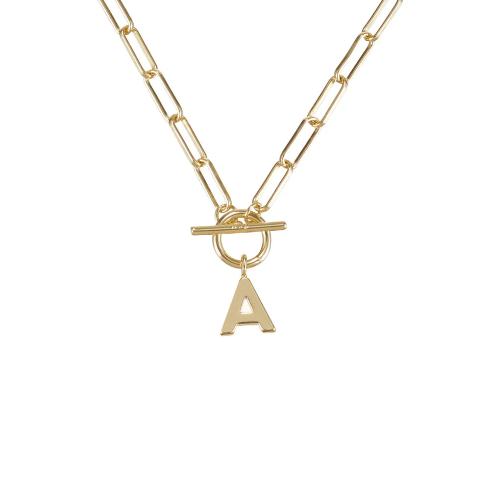 Gold necklace with a 'A' charm on a white background