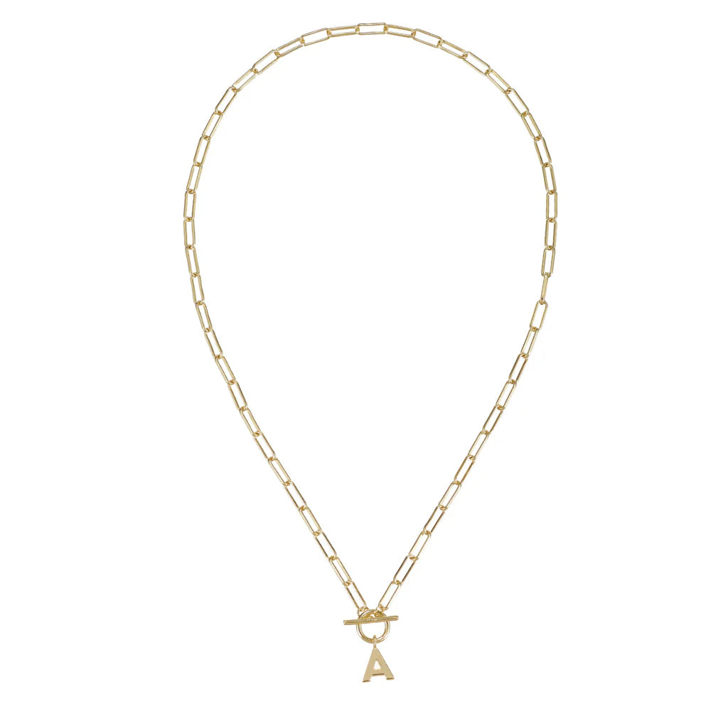 Gold necklace with a 'A' charm on a white background