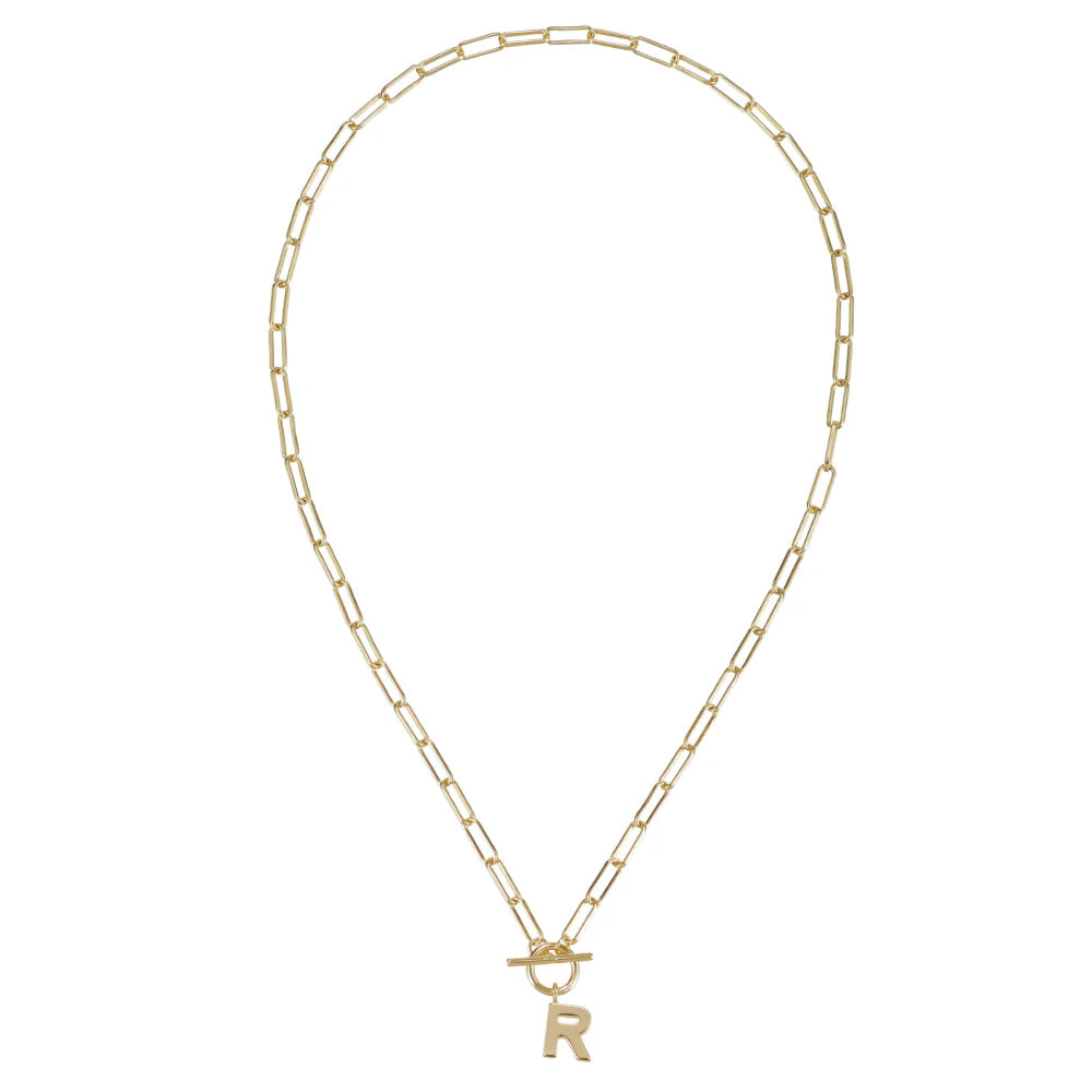 Gold chain necklace with a letter 'R' pendant on a white background