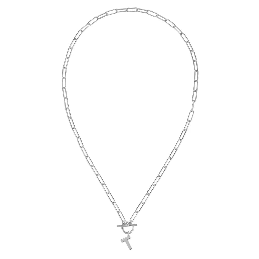Silver chain necklace with a small pendant on a white background