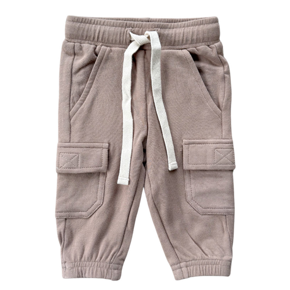 Brown cargo jogger pants with white drawstring on a white background