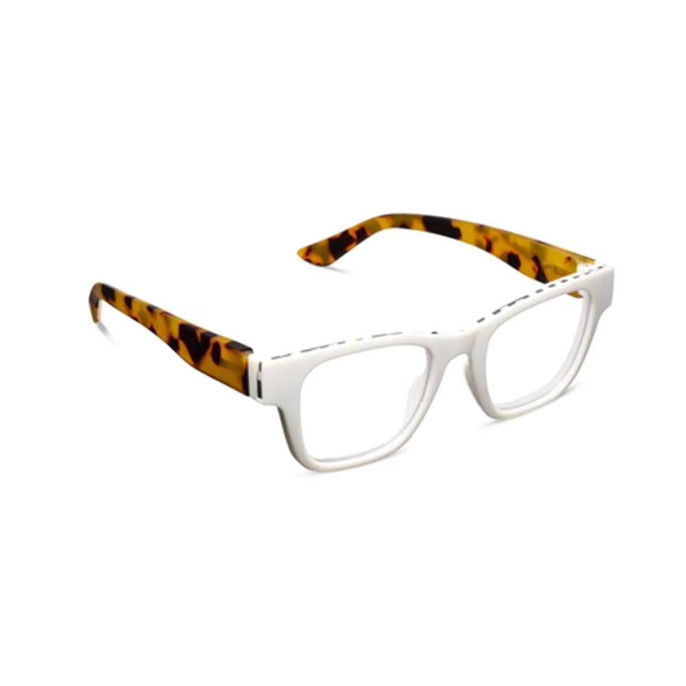 Eyeglasses with white frame and tortoiseshell arms on a white background
