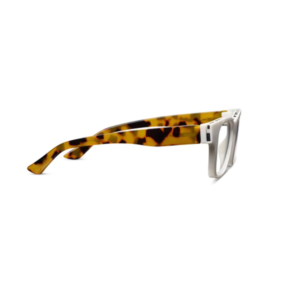 Sunglasses with tortoiseshell frame and white arms on a white background