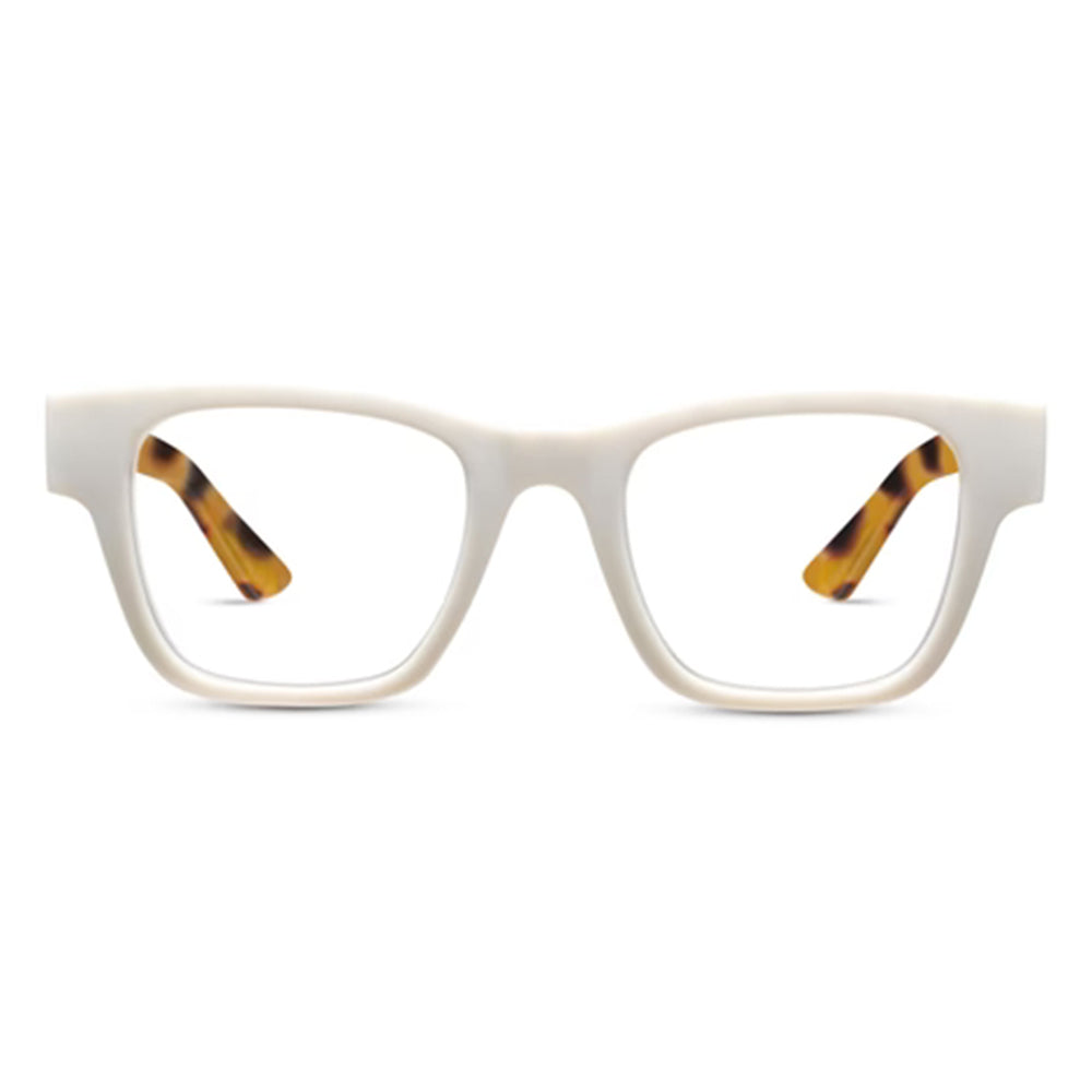 White eyeglasses with tortoiseshell accents on a white background