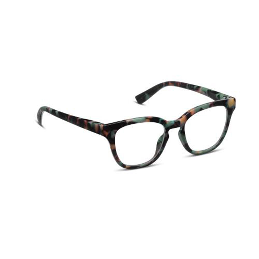 Green tortoiseshell cat-eye glasses on a white background