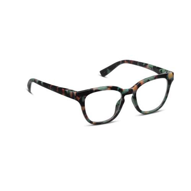 Green tortoiseshell cat-eye glasses on a white background