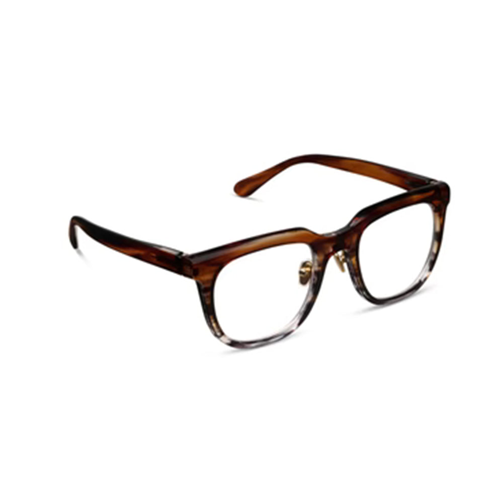 Brown tortoiseshell eyeglasses on a white background
