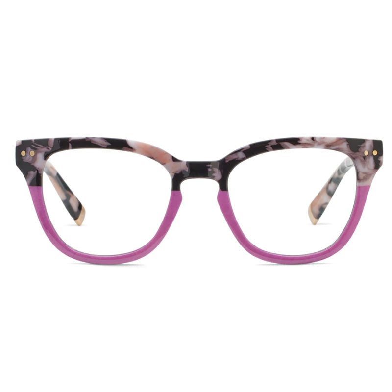 A pair of Peepers Faye reading glasses with a black marble pattern and pink accents on the arms.