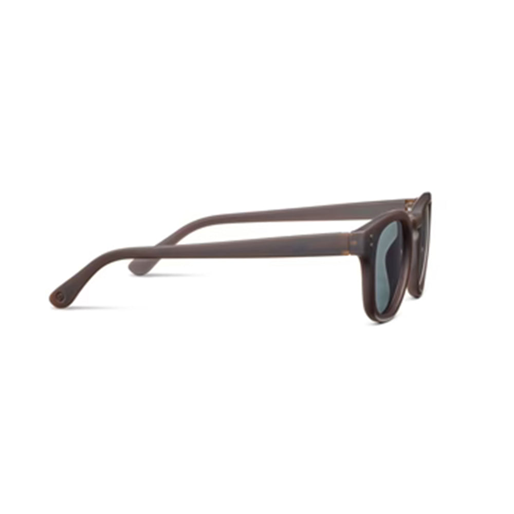 Sunglasses with dark brown frame and gray lenses on a white background