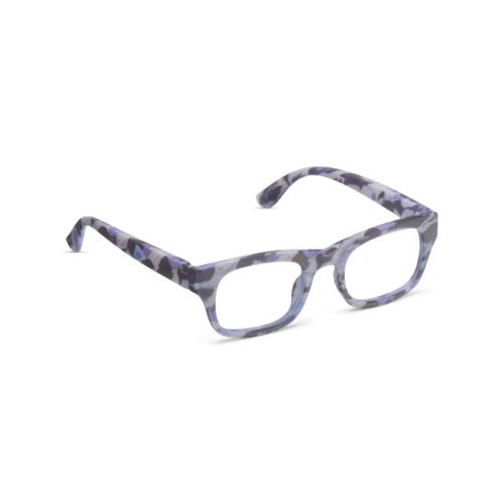 Pair of glasses with a blue and gray pattern on a white background