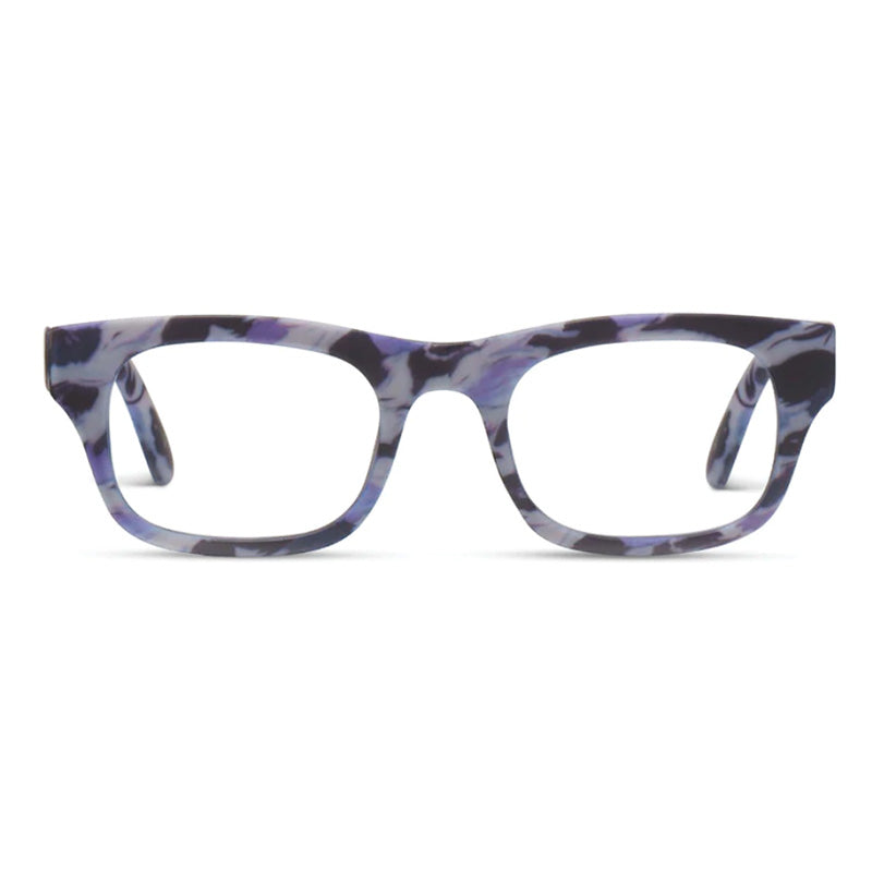 Pair of glasses with a blue and gray pattern on a white background